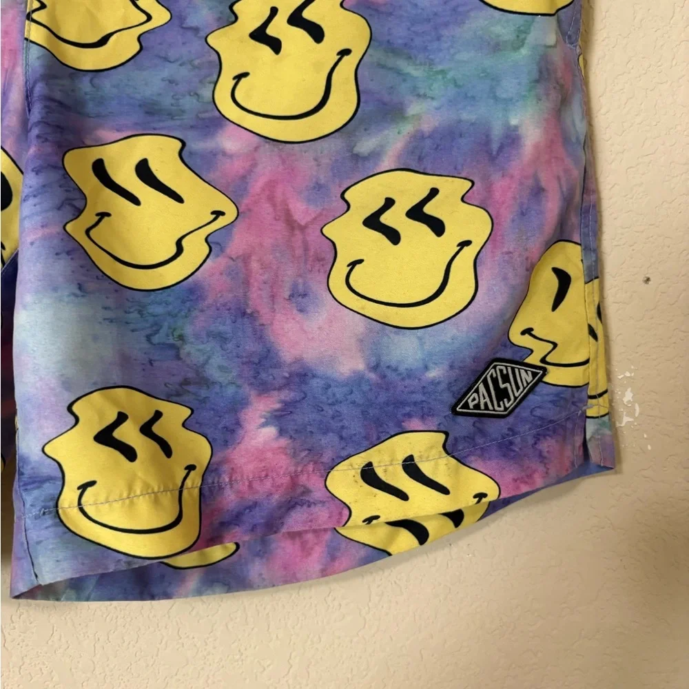 Pacsun Tie-Dye Wiggly Smile Face Swim Shorts in Yellow & Multicolor Size Small
